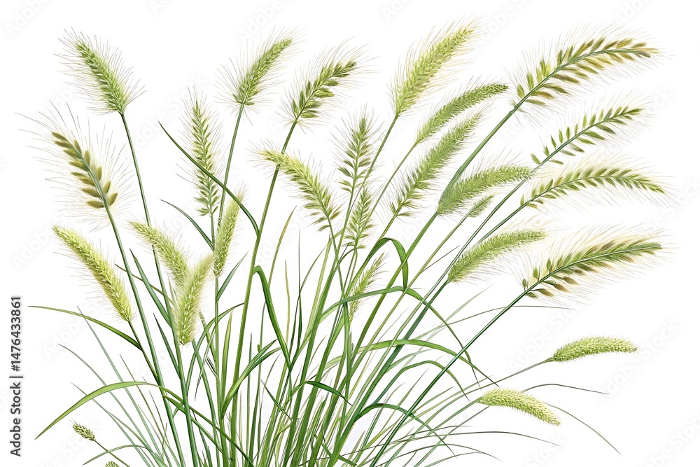 Tall Wild Grass Cluster with Feathery Seed Heads on White Background – Minimalism Tall Wild Grass Cluster with Feathery Seed Heads on White Background – Minimalism