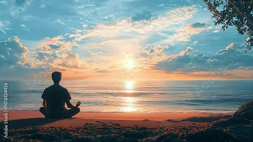 Man in Meditation by the Ocean at Sunset