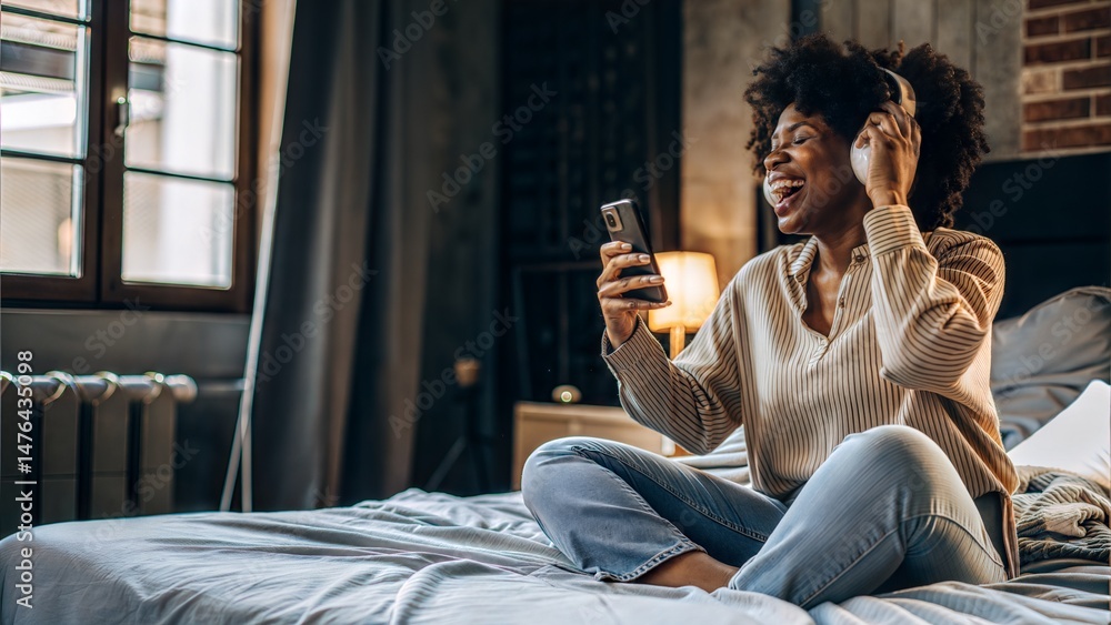 Naklejka premium Funky Afro Singer Jamming at Home – Gen-Z African American Woman in Headphones for Music Apps, Youth Brands & Diversity Marketing