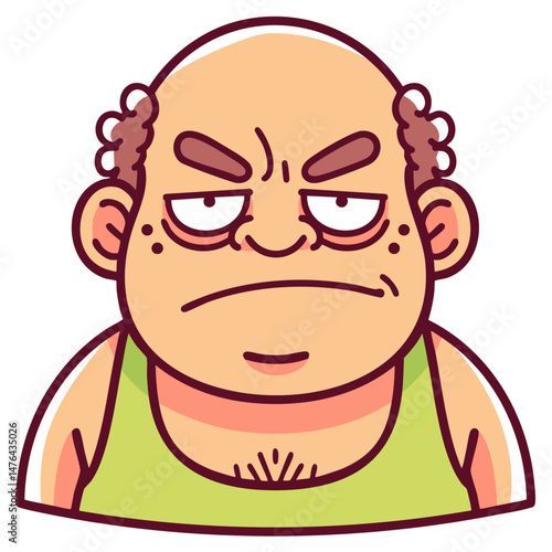 Sad unattractive bald man in green singlet, doodle cartoon character, isolated clean and simple vector illustration