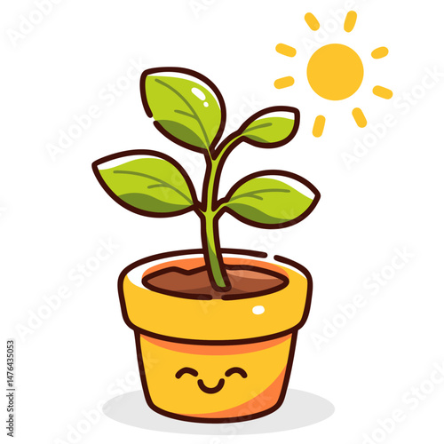 Happy cute houseplant flowerpot with potted plant sprout growing with the sun, doodle cartoon character, kawaii isolated clean and simple vector illustration