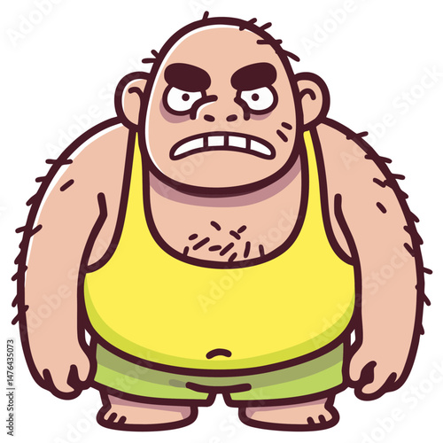 Ugly unattractive angry bald man in a singlet, grotesque caricature, doodle cartoon character, isolated clean and simple vector illustration