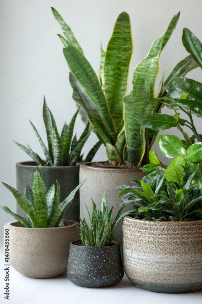 Fototapeta premium Group of potted houseplants in neutral tones interior studio shot featuring snake plants and tropical foliage