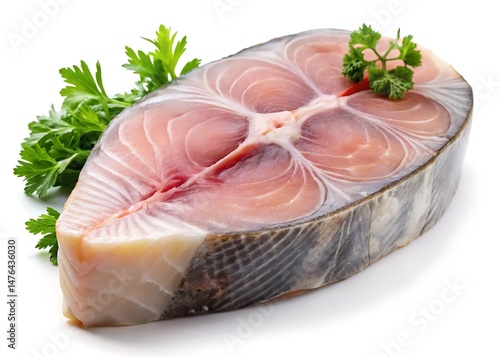 A hyper realistic image of a raw dogfish steak on a seamless isolated on white background