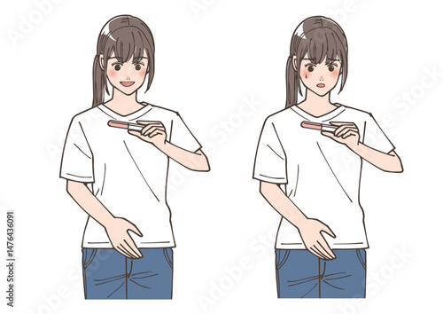 妊娠検査薬の結果を見て喜んでいる女性と驚いている女性のイラストセット