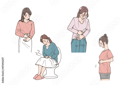 お腹のハリや便秘などお腹の悩みを持っている若い女性のイラストセット
