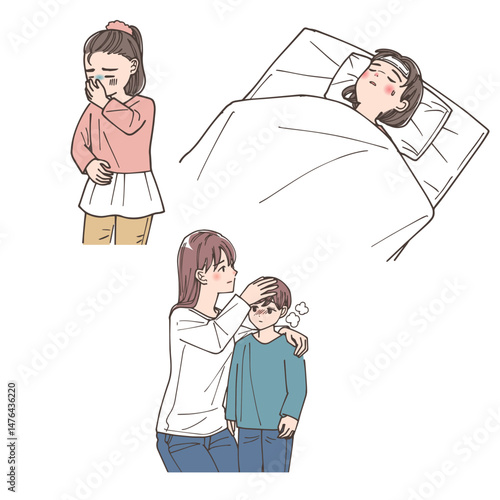 病気になってしまった子供たちのイラストセット