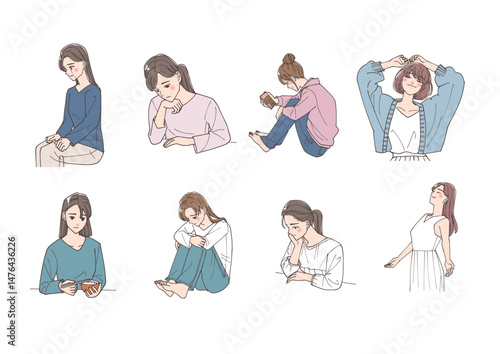 気分の落ち込みを感じている若い女性と解放された女性のイラストセット