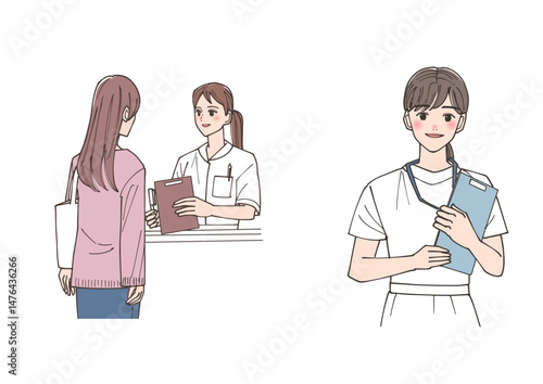 病院にいる看護師の女性のイラストセット