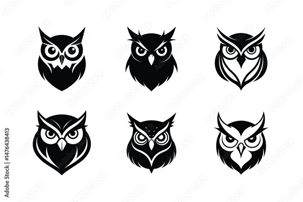 Owl head silhouette Vector bundle illustration, Set of Owl head silhouette Owl head silhouette Vector bundle illustration, Set of Owl head silhouette