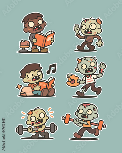 A fun vector bundle of cute zombie characters, perfect for Halloween-themed designs, stickers, posters, and more. High-quality, scalable artwork with vibrant colors and charming details.
