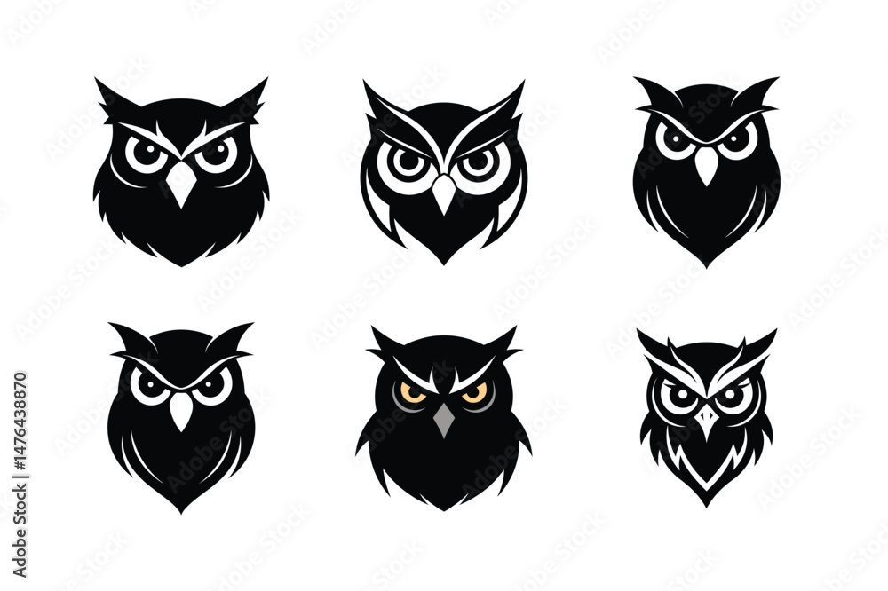 Fototapeta premium Owl head silhouette Vector bundle illustration, Set of Owl head silhouette 