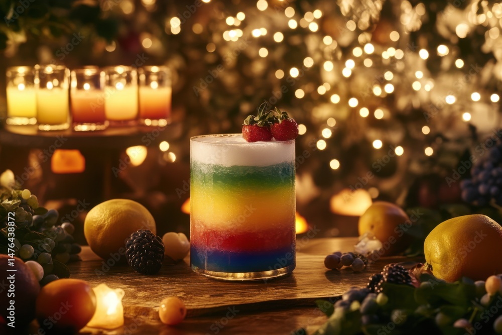 Festive Rainbow Cocktail with Strawberries and Citrus Fruits on Wooden Board, Warm Light Holiday Scene, Eye Level Festive Rainbow Cocktail with Strawberries and Citrus Fruits on Wooden Board, Warm Light Holiday Scene, Eye Level