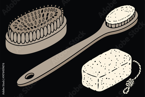 70 natural bristle brush, wooden brush, natural exfoliating sponge, black background