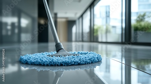 Detailed close up of mopping a floor in a hallway, the mop head capturing dirt and debris, with a smooth, polished floor reflecting the surrounding light
