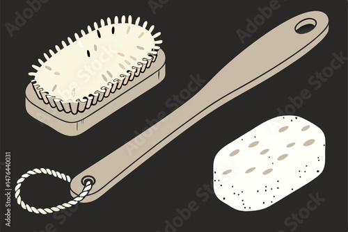 70 natural bristle brush, wooden brush, natural exfoliating sponge, black background