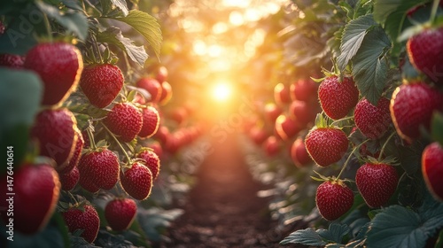 Sunlight streams through a strawberry field of ripe berries.