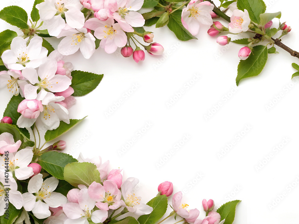 Obraz premium A white background with a pink and green flowery border. The flowers are pink and green and are arranged in a way that creates a sense of movement and flow. Scene is one of beauty and tranquility
