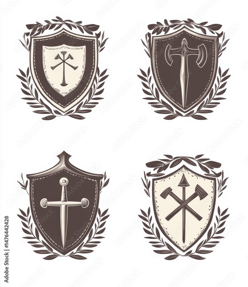 Fototapeta premium Four heraldic shields, adorned with medieval weaponry and symbols
