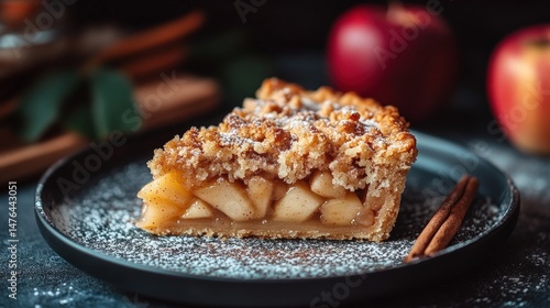Delicious  crumble pie slice on dark plate.