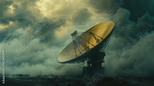 A huge satellite dish stands amidst turbulent storm clouds, transmitting data in the unknown.