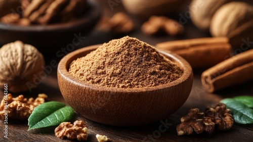 Wooden bowl of cinnamon powder surrounded by nuts.
