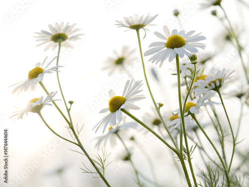 Backlit chamomile daisy flowers isolated on background. A bunch of white flowers with yellow centers are in a field. The sun is shining brightly on them, making them look even more beautiful.
