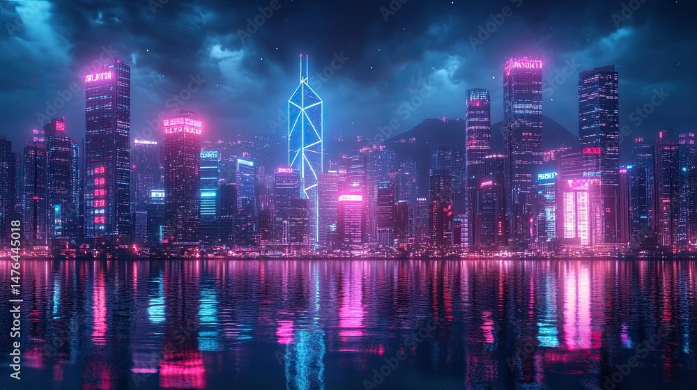 Obraz premium Night cityscape reflecting in the water with neon lights and dark cloudy sky above the buildings