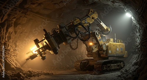 Automated drilling equipment working inside a dark and dusty tunnel mine