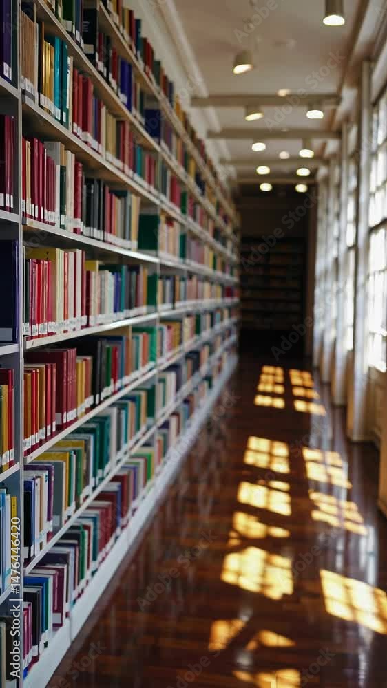 custom made wallpaper toronto digitalSunlit library aisle journey: books shelves casting shadows in serene atmosphere
