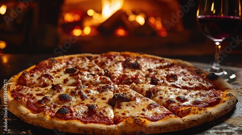 Wallpaper Mural Delicious pizza with a glass of red wine set by a warm and inviting fireplace setting. Torontodigital.ca