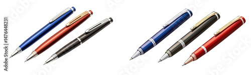 set of three different colored pens on white background