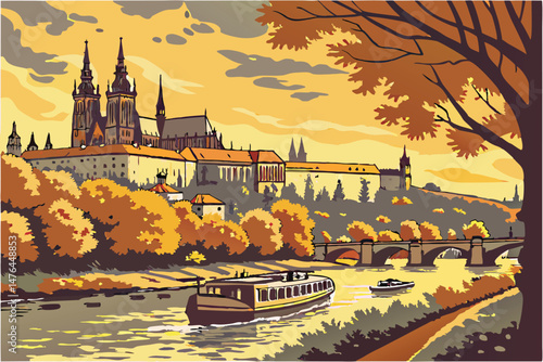 20 medieval european city, autumn landscape, prague castle and historic buildings, golden trees, boats on river, dramatic cloudy sky, vivid colors, cinematic lighting, highly detailed, photorealistic