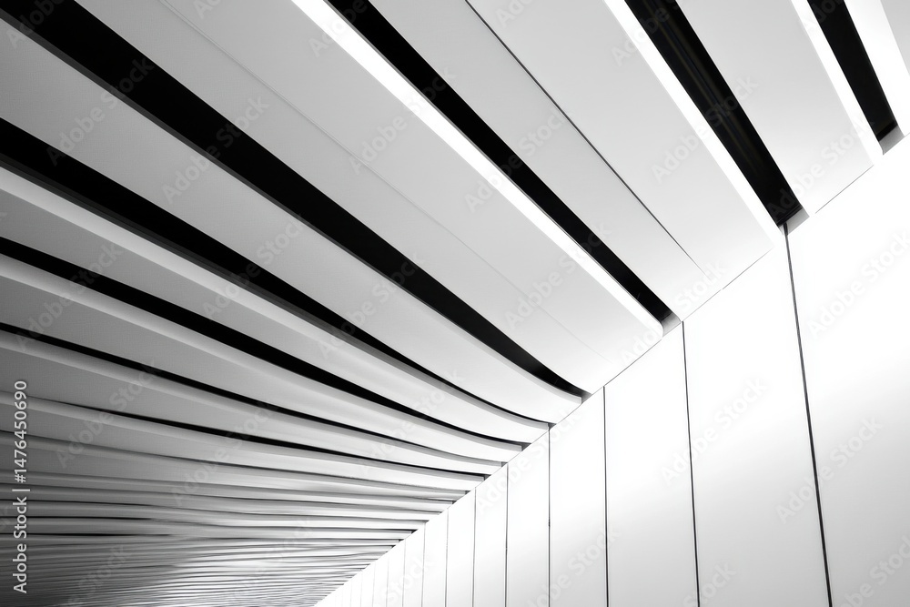 Fototapeta premium Abstract Interior Architecture Perspective Looking Up at Modern White Ceiling and Wall Design in Black and White
