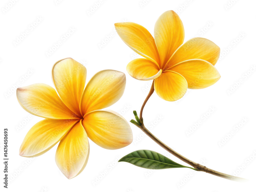 Fototapeta premium Two vibrant yellow flowers bloom gracefully, showcasing their delicate petals and lush green leaves, embodying beauty of nature