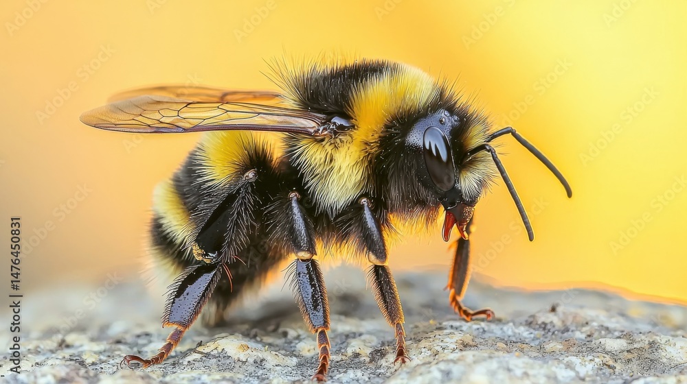 Detailed close-up of a bumblebee, showcasing its intricate features, with a blurred background. Detailed close-up of a bumblebee, showcasing its intricate features, with a blurred background.