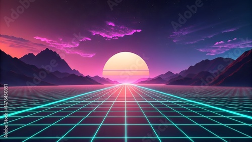 Neon Synthwave Sunset Landscape with Mountains and Grid Horizon