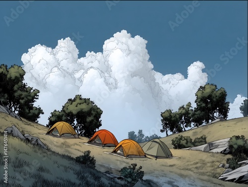 Hillside camping scene.Colorful tents set on a grassy hillside. The sky is bright with fluffy white clouds, and trees dot the landscape, creating a peaceful outdoor atmosphere. Comic style.