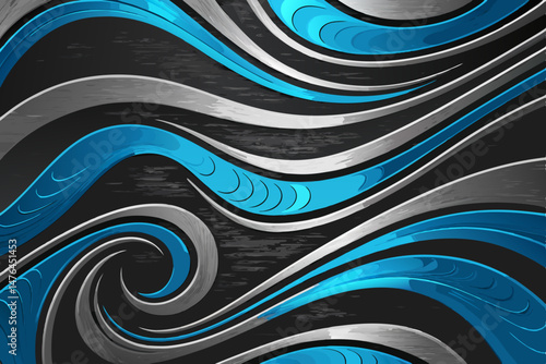 Create a vector illustration of an abstract liquid metal texture, featuring bold silver swirls and highlights, suitable for a futuristic or technological background.