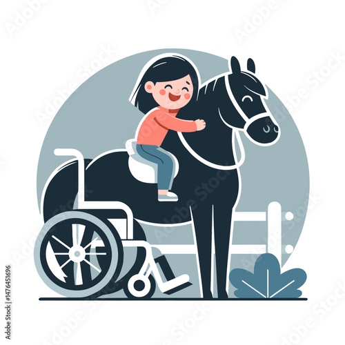 Cartoon child embracing horse in therapeutic setting, joyful interaction, vibrant vector illustration