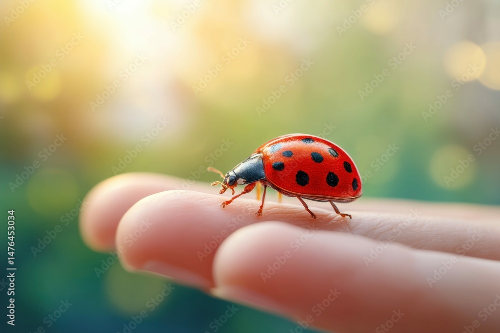 Obraz premium A beautiful ladybug rests gently on a human hand, showcasing its vibrant red and black patterned shell. The background is blurred, adding depth.