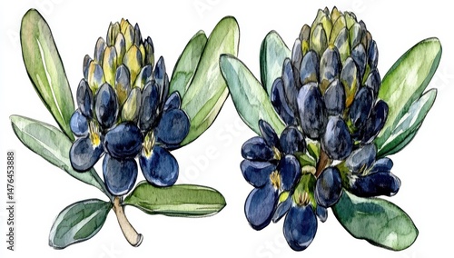 Wallpaper Mural Two indigo wildflowers, detailed botanical illustration with vibrant green leaves and dark purple flowers, set against a pure white background.   Torontodigital.ca