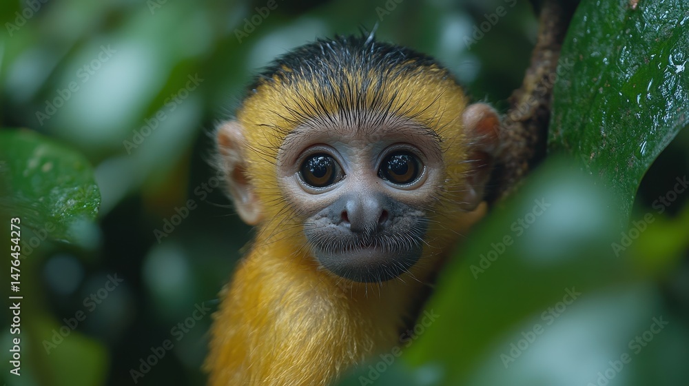 Fototapeta premium Close-up of a tiny, yellow monkey peering from foliage.