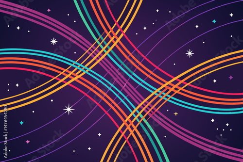 Create a vibrant vector illustration of bold, colorful abstract lines intersecting dynamically against a dark cosmic background.  Focus on sharp contrasts and energetic movement.