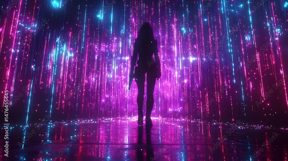 Obraz premium A silhouetted figure, possibly female, stands confidently, armed, amidst a vibrant, futuristic, neon-lit digital rain. The scene is reflective and mysterious