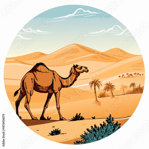 Create a bold, vector illustration of a camel with thick black strokes, standing in a desert landscape.  Include sun and sand dunes.