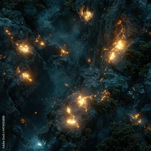 Aerial view of rocky mountain range with glowing lights and fog; dark, moody, fantasy landscape