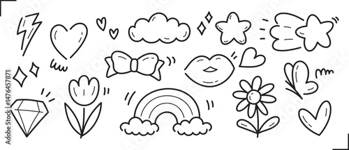 cute girly element graphic vector set in hand drawn doodle style