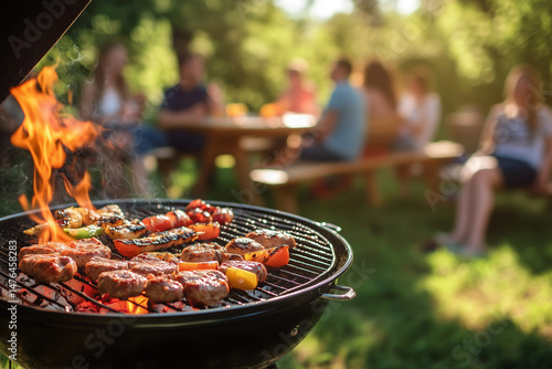 Wallpaper Mural Outdoor Barbecue with Friends. Outdoor barbecue with burgers and vegetables on grill, ideal for summer party designs. Torontodigital.ca