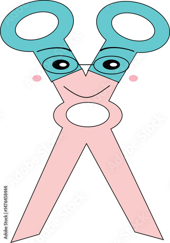 A pair of anthropomorphic scissors with smiling face and blue handles, designed in flat cartoon style. Ideal for school materials, children’s projects, or educational content.